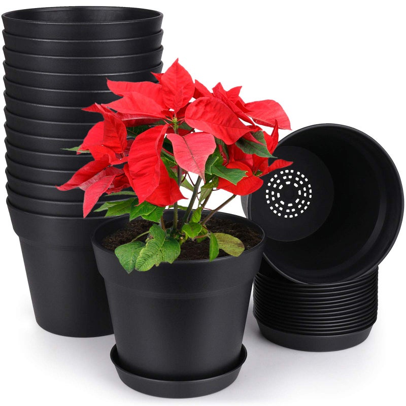 homenote Pots for Plants, 15 Pack 6 Inch Plastic Planters with Multiple Drainage Holes and Tray,Plant Pots for All Home Garden Flowers Succulents (Black) - Image 1
